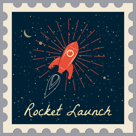 Santa Claus on a rocket flies in space around the Earth. Postage Stamp. Merry Christmas and Happy New Year, retro. vintage. Winter, stars, vector, illustration, greeting, banner, poster, isolatedの写真素材