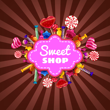 Candy Sweet Shop template set of different colors of candy, candy, sweets, chocolate candy, jelly beans. Background, poster, banner, vector, isolated, cartoon styleのイラスト素材