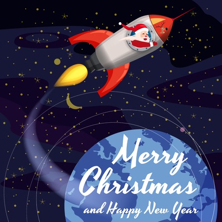 Santa Claus on a rocket flies in space around the Earth, Merry Christmas and Happy New Year. Winter, stars, vector, illustration, greeting, banner, poster, isolatedの写真素材
