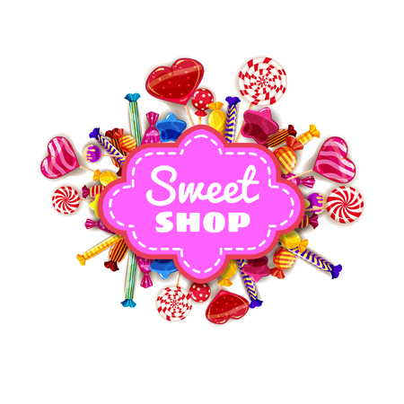 Sweet Shop Candy template set of different colors of candy, candy, sweets, chocolate candy, jelly beans. Background, poster, banner, vector, isolated, cartoon styleのイラスト素材
