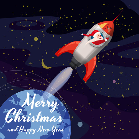 Santa Claus on a rocket flies in space around the Earth, Merry Christmas and Happy New Year. Winter, stars, vector, illustration, greeting, banner, poster, isolatedの写真素材