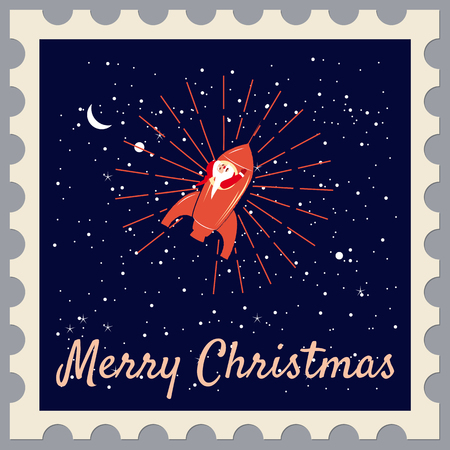 Santa Claus on a rocket flies in space around the Earth. Postage Stamp. Merry Christmas and Happy New Year, retro. vintageのイラスト素材