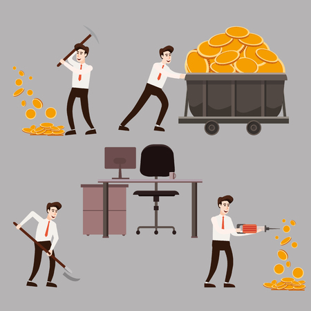 Set businessman holding a pickaxe, jackhammer, shovel in the underground, trolley full of gold coins, office table, making coins, money. Concept, vector, illustration, banner, poster, isolated, cartoon styleのイラスト素材