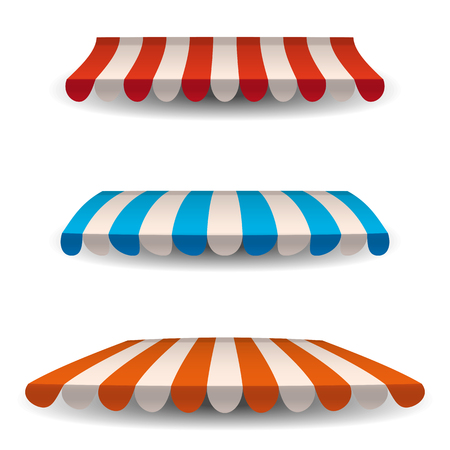 A set of striped awnings, canopies for the store. Awning for the cafes and street restaurants. Vector illustration isolated on white background.のイラスト素材