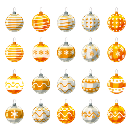 Set of Christmas balls yellow, gold colour decorated on white background, illustration, vector, isolatedの写真素材