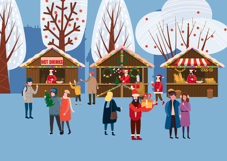 Christmas market or holiday outdoor fair on town square. People walking between decorated stalls, canopy or kiosks, buying snacks,gifts, decoration and drinking hot coffe, tea and mulled wine. Colorful vector illustration in trend cartoon flat style. Isolatedの写真素材