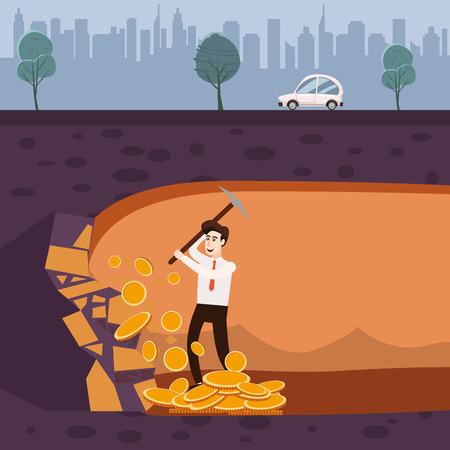 A businessman holding a pickaxe in the underground under his land, making coins, money. Concept, vector, illustration, banner, poster, isolated, cartoon styleの写真素材