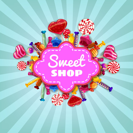 Sweet Shop Candy template set of different colors of candy, candy, sweets, chocolate candy, jelly beans. Background, poster, banner, vector, isolated, cartoon styleのイラスト素材