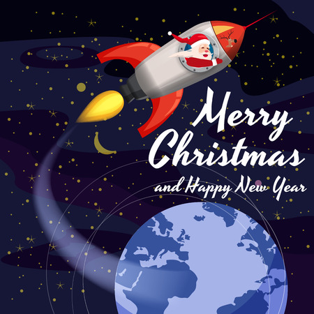 Santa Claus on a rocket flies in space around the Earth, Merry Christmas and Happy New Year. Winter, stars, vector, illustration, greeting, banner, poster, isolatedのイラスト素材