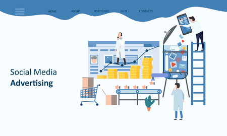 Social Media advertising. Mockup landing page website design. Modern trend flat design concept of web page design for website and mobile website. Teamwork business. Vector illustrations.のイラスト素材