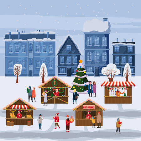 Christmas market or holiday outdoor fair on town square. Christmas tree. People walking between decorated stalls, canopy or kiosks, buying snacks,gifts, decoration and drinking hot coffe, tea and mulled wineのイラスト素材