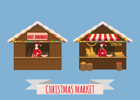 Christmas market stalls, canopy seller with with New Year bakery, gifts and hot drinks. Xmas mulled vine, coffe, tea, bakery, bread shops with bagel, ciabatta, baguetteのイラスト素材