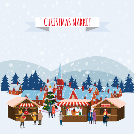 Christmas market or holiday outdoor fair on town square People walking between decorated stalls, canopy or kiosks, buying snacks,gifts, decoration and drinking hot coffe, tea and mulled wineのイラスト素材