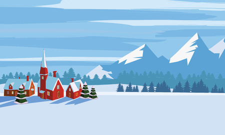 Winter landscape, cartoon minimal style. Horizon, panorama, snow-covered trees, village mountains ate pineのイラスト素材