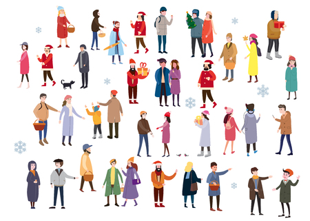 Set of people wearing top winter clothes isolated on white background. A large group of men and women, couples, walking in the winter, drinking drinks, talking, shopping and other outdoor activities. Flat cartoon characters. Vector illustration template, greeting card, illustration, vector, bannerの写真素材