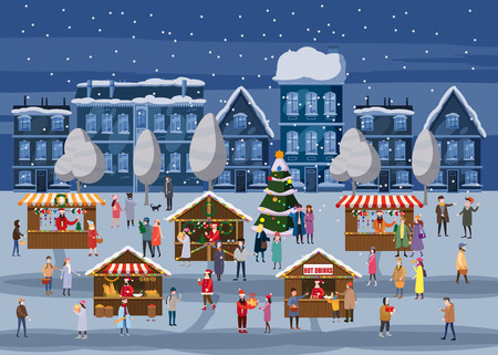 Christmas market or holiday outdoor fair on town square. Christmas tree. People walking between decorated stalls, canopy or kiosks, buying snacks,gifts, decoration and drinking hot coffe, tea and mulled wine. Colorful vector illustration in trend cartoon flat style. Isolatedの写真素材