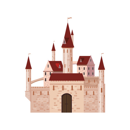 Castle, fortress, ancient, architecture middle ages Europe, Medieval palace with high towers and conical roofs, vector, banners, isolated, illustration, cartoon styleのイラスト素材