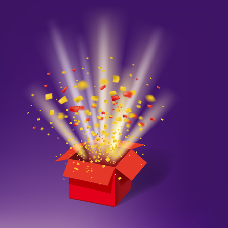 Open Red Gift Box and Colour Confetti. Bright Rays. Vector Illustration. Isolated, Template Baner, Posterの写真素材