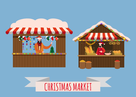 Christmas market stalls, canopy seller with with New Year decorations, gifts. Xmas bakery, bread shops with bagel, ciabatta, baguette and wreath, balls, ate, decoration. Christmas fair wooden kiosks vector illustration. Template, isolatedの写真素材