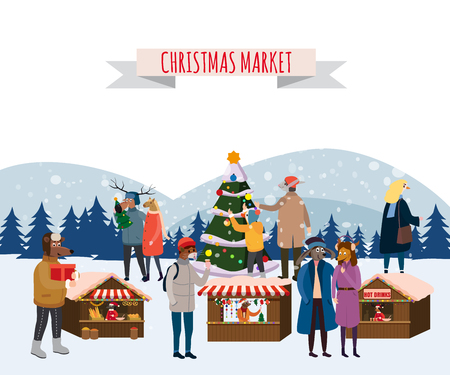 Christmas Fair, Market on town Anthropomorphic Set of animals in human winter clothes coats, jackets, shoes, slippers, Bear, cat, deer, horse, rabbit, hare, fox, elk, winter, snow. Vector, flat style, illustration, isolated, template, poster, bannerの写真素材