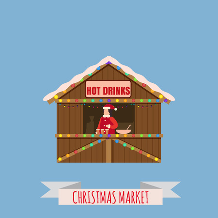 Christmas market stalls, canopy seller with New Year hot drinks. Xmas mulled vine, coffe, tea. Christmas fair wooden kiosks vector illustration. Template, isolatedの写真素材