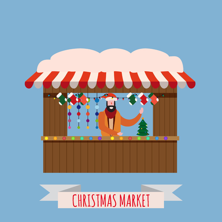 Christmas market stalls, canopy seller with New Year decorations. Xmas wreath, balls, ate, decoration. Christmas fair wooden kiosks vector illustration. Template, isolatedの写真素材