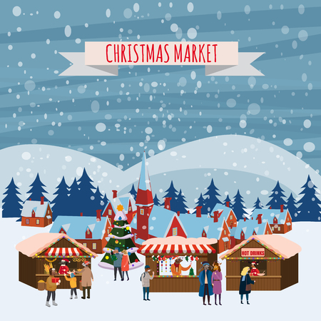 Christmas Fair, Market on town Anthropomorphic Set of animals in human winter clothes coats, jackets, shoes, slippers, Bear, cat, deer, horse, rabbit, hare, fox, elk, winter, snow. Vector, flat style, illustration, isolated, template, poster, bannerの写真素材