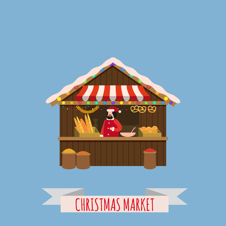 Christmas market stalls, canopy seller with New Year gifts. Xmas bakery, bread shops with bagel, ciabatta, baguette. Christmas fair wooden kiosks vector illustration. Template, isolatedの写真素材