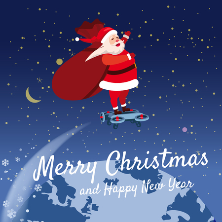 Santa Claus on a hoverboard flies with a bag of gifts around the Earth. Congratulations on a Merry Christmas and Happy New Yearのイラスト素材