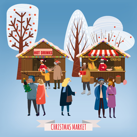 Christmas Fair, Market Anthropomorphic Set of animals in human winter clothes coats, jackets, shoes, slippers, Bear, cat, deer, horse, rabbit, hare, fox, elk, winter, snow. Vector, flat style, illustration, isolated, template, poster, bannerの写真素材