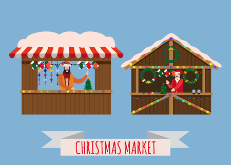 Christmas market stalls, canopy seller with New Year decorations. Xmas wreath, balls, ate, decoration. Christmas fair wooden kiosks vector illustration. Template, isolatedの写真素材
