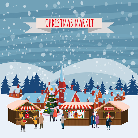 Christmas market or holiday outdoor fair on town square. People walking between decorated stalls, canopy or kiosks, buying snacks,gifts, decoration and drinking hot coffe, tea and mulled wine. Colorful vector illustration in trend cartoon flat style. Isolatedの写真素材