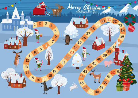 Board game Merry Christmas and Happy New Year. Santa Claus in a sleigh on the Magic Deer rides through the winter country to the Christmas tree. Forest animals, snowman, helpers Elves, vector, illustration, isolated, banner, templateの写真素材