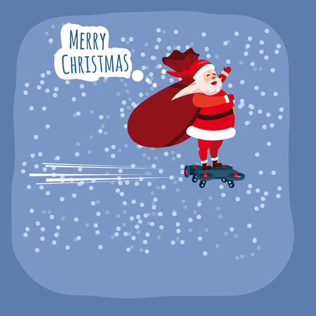 Santa Claus on a hoverboard flies with a bag of gifts around the Earth. Congratulations on a Merry Christmas and Happy New Year. Vector, banner, poster, greeting card, illustration, isolatedの写真素材