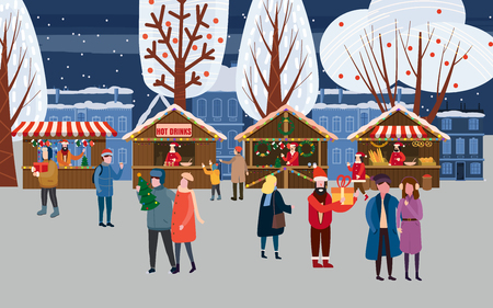 Christmas market or holiday outdoor fair on town square. People walking between decorated stalls, canopy or kiosks, buying snacks,gifts, decoration and drinking hot coffe, tea and mulled wine. Colorful vector illustration in trend cartoon flat style. Isolatedの写真素材
