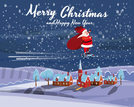 Santa Claus on a hoverboard flies with a bag of gifts around the Earth. Congratulations on a Merry Christmas and Happy New Year. Vector, banner, poster, greeting card, illustration, isolatedの写真素材