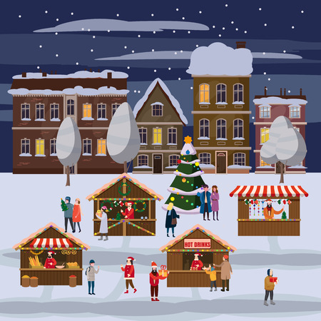 Christmas market or holiday outdoor fair on town square. Christmas tree. People walking between decorated stalls, canopy or kiosks, buying snacks,gifts, decoration and drinking hot coffe, tea and mulled wine. Colorful vector illustration in trend cartoon flat style. Isolatedの写真素材