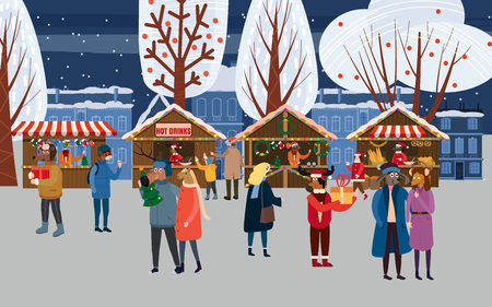 Christmas Fair, Market Anthropomorphic Set of animals in human winter clothes coats, jackets, shoes, slippers, Bear, cat, deer, horse, rabbit, hare, fox, elk, winter, snow. Vector, flat style, illustration, isolated, template, poster, bannerの写真素材