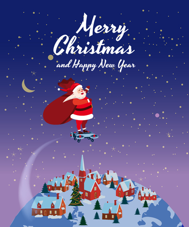Santa Claus on a hoverboard flies with a bag of gifts around the Earth. Congratulations on a Merry Christmas and Happy New Year. Vector, banner, poster, greeting card, illustration, isolatedの写真素材