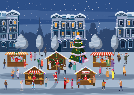 Christmas Fair, Market on town Anthropomorphic Set of animals in human winter clothes coats, jackets, shoes, slippers, Bear, cat, deer, horse, rabbit, hare, fox, elk, winter, snow. Vector, flat style, illustration, isolated, template, poster, bannerの写真素材