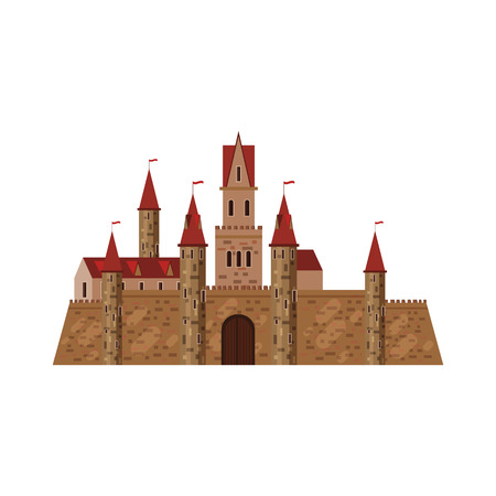 Castle, fortress, ancient, architecture middle ages Europe, Medieval palace with high towers and conical roofs, vector, banners, isolated, illustration, cartoon styleのイラスト素材