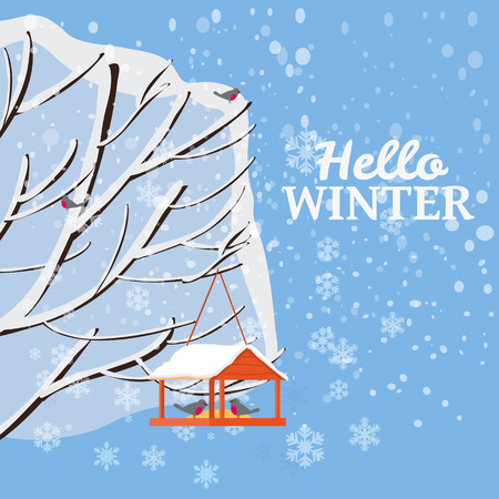Hello Winter, snow landscape, bird feeder with feed, birds, tree covered with snow, vector, illustration, isolated, banner, poster, card, cover for books, magazines, publicationsのイラスト素材