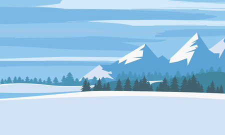 Winter landscape, cartoon minimal style. Horizon, panorama, snow-covered trees, village mountains ate pineのイラスト素材