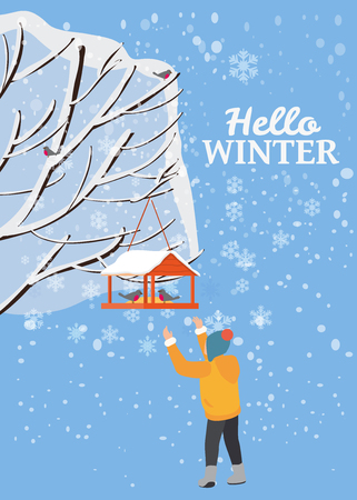 Hello Winter, snow landscape, bird feeder with feed, birds, boy stand near a tree covered with snow, vector, illustration, isolated, banner, poster, card, cover for books, magazines, publicationsの写真素材