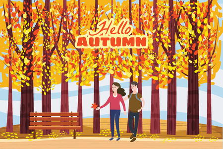 Autumn alley, couple guy and girl characters walking along the path in the park, fall, autumn leaves, mood, color, vector, illustration, cartoon style, isolatedの写真素材