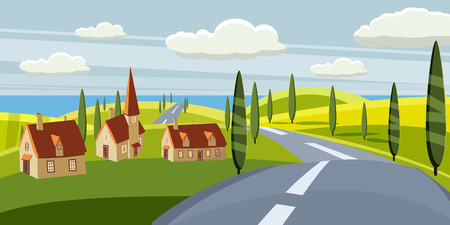 Cartoon landscape with road, higway, countryside and summer, sea, sun, trees, willage, houses. Trip, vacation, travel. Vector illustration, isolated, cartoon styleの写真素材