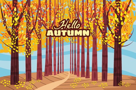 Hello autumn, Autumn alley, path in the park, fall, autumn leaves, mood, color, vector, illustration, cartoon style, isolatedの写真素材