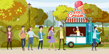 Park, cart and ice cream seller, track, happy people stand in line for ice cream, men and women, different characters, outdoor, vector, illustration, isolated cartoon styleの写真素材