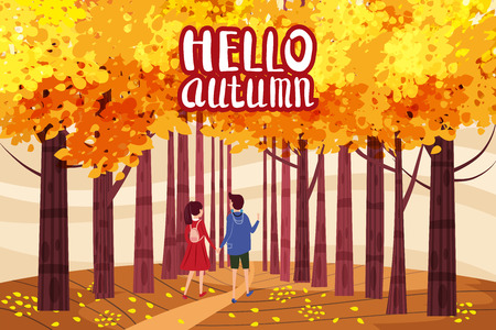 Hello autumn, Autumn alley, couple guy and girl characters walking along the path in the park, fall, autumn leaves, mood, color, vector, illustration, cartoon style, isolatedの写真素材