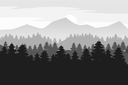 Pine forest and mountains vector backgrounds. Panorama landscape spruce silhouette illustration, vector, isolatedの写真素材